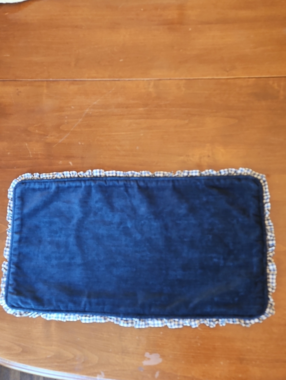 Navy Velvet Accent Pillow, with Welt and Plaid Ruffle Trim